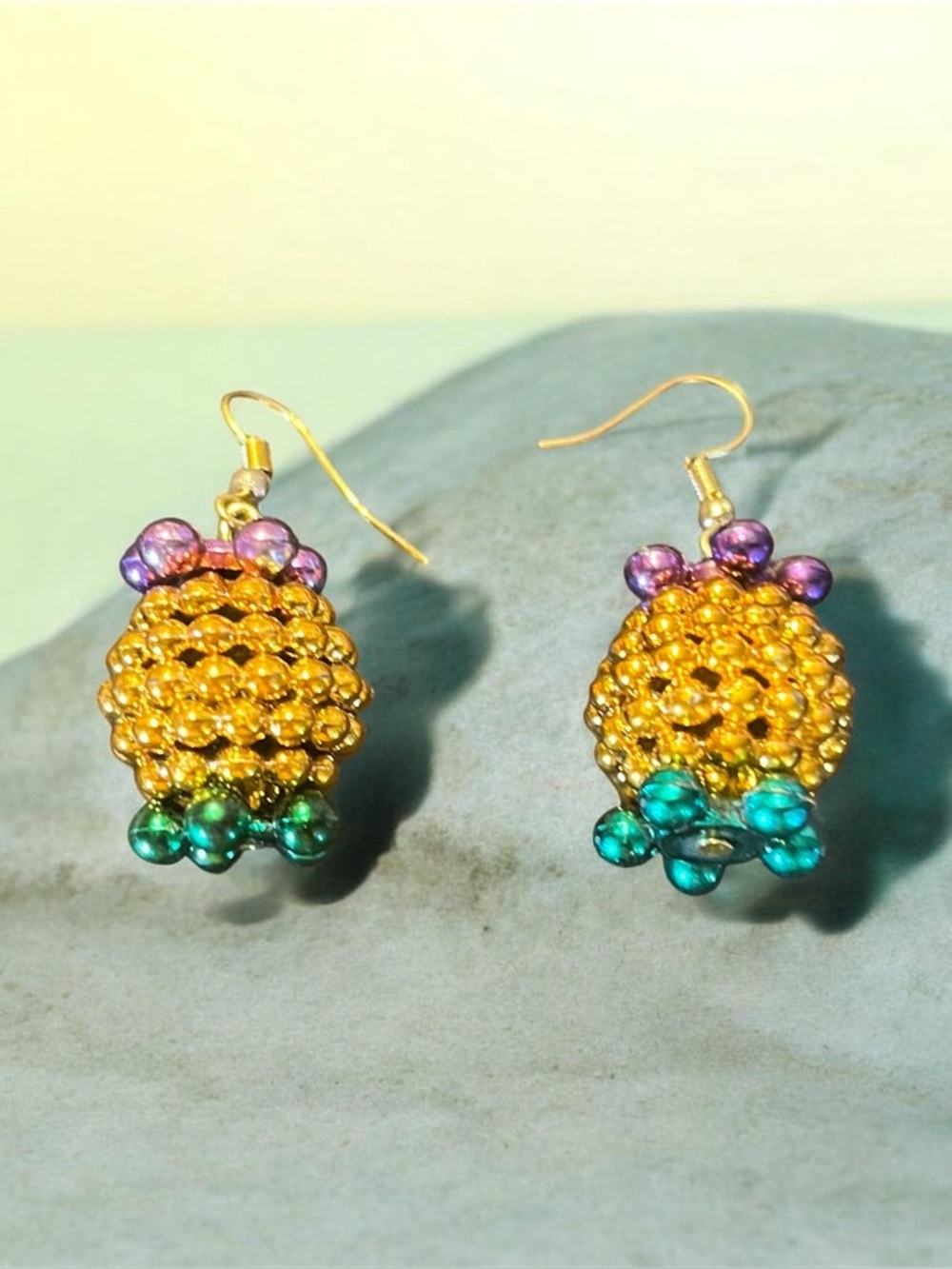 Beaded Pineapple Drop Earrings in Gold, Purple & Green Mardi Gras Festival